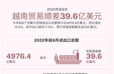 图表新闻：2022年前8月越南贸易顺差39.6亿美元