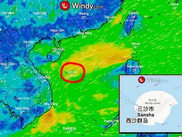 要求对windy.com网站有关越南黄沙群岛地名注释错误问题进行处理 hinh anh 1