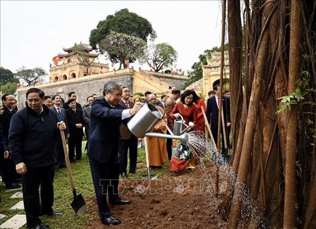越南党和国家领导来到升龙皇城上香并参加新春植树活动 hinh anh 2
