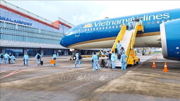 云屯国际机场迎接从法国持有“疫苗护照”的逾300名旅客 hinh anh 1