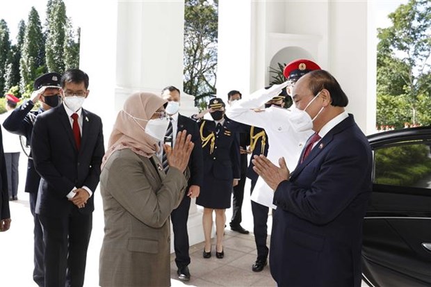 新加坡总统为越南国家主席阮春福举行隆重的欢迎仪式 hinh anh 2