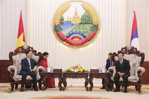 越老建交60周年：老挝党和国家高级领导人会见越南党和国家高级代表团 hinh anh 2