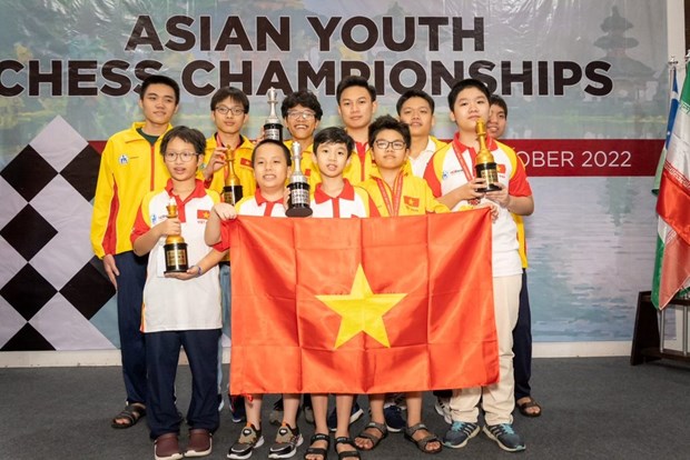 越南国际象棋队在2022年亚洲青少年国际象棋锦标赛上获39金 位列奖牌榜第一 hinh anh 1