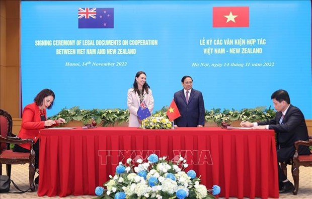 越南政府总理范明政和新西兰总理出席各项合作文件的签署并会见记者 hinh anh 1