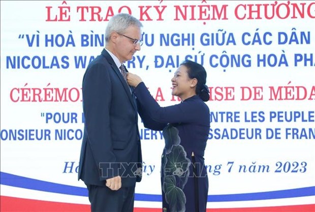 法国驻越大使荣获“致力于各民族和平与友谊”纪念章 hinh anh 1