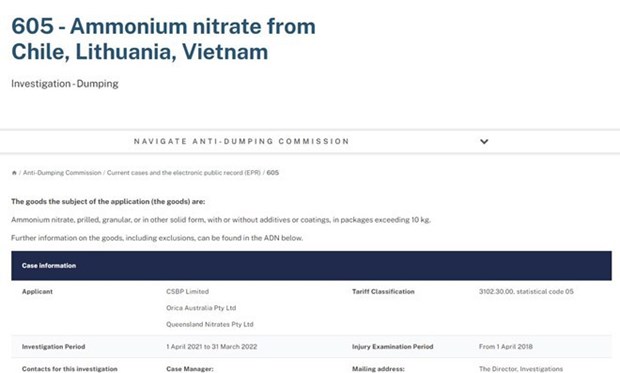 澳大利亚对越南硝酸铵产品不征收反倾销税 hinh anh 1