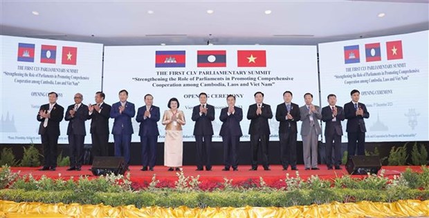 越南国会主席王廷惠出席第一届柬老越三国国会高层会议开幕式并发表讲话 hinh anh 1