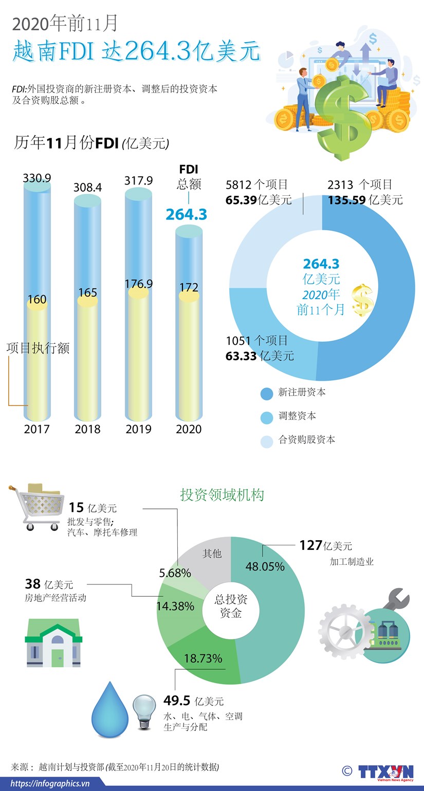 图表新闻：2020年前11个月越南FDI达264.3亿美元 hinh anh 1