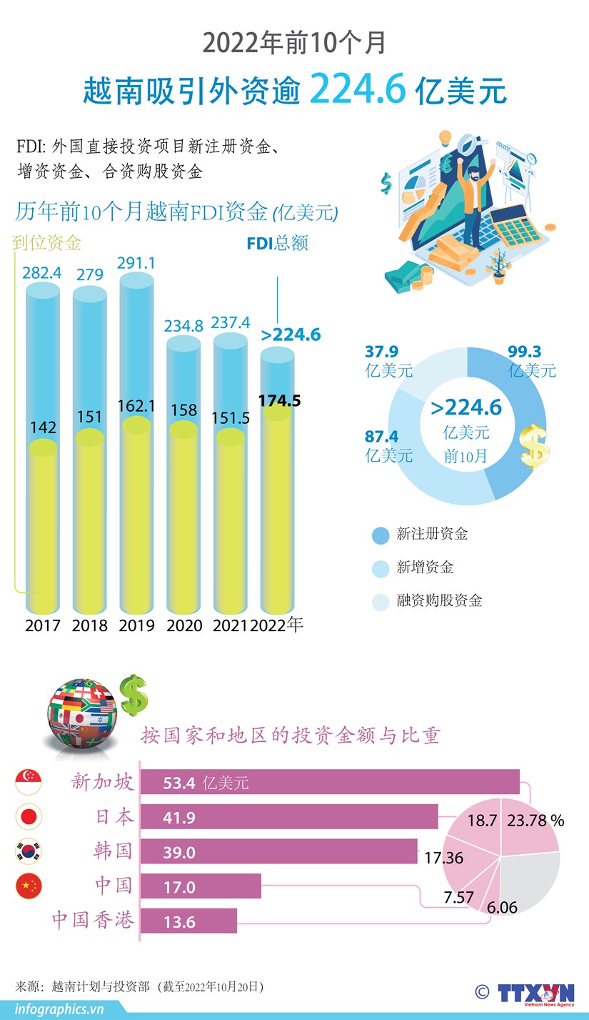 图表新闻：2022年前10个月越南吸引外资逾224.6亿美元 hinh anh 1