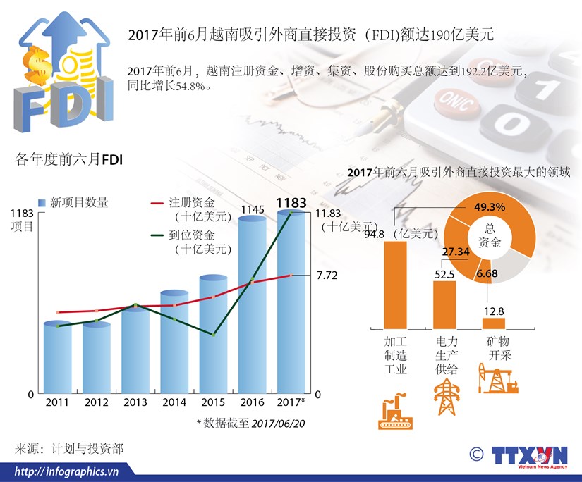 图表新闻：2017年前6月越南吸引外商直接投资（FDI)额达190亿美元 hinh anh 1